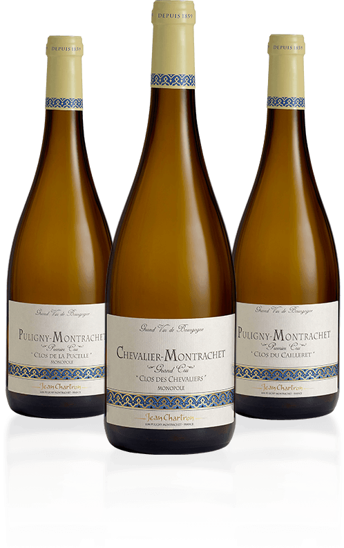 Three bottles from Domaine Jean Chartron: Puligny-Montrachet Clos de la Pucelle, Chevalier-Montrachet Clos des Chevaliers and Puligny-Montrachet Clos du Cailleret